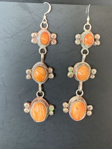 Navajo Orange Spiny Oyster Dangle Earrings | Sterling Silver | Authentic Native American Handmade | 1231