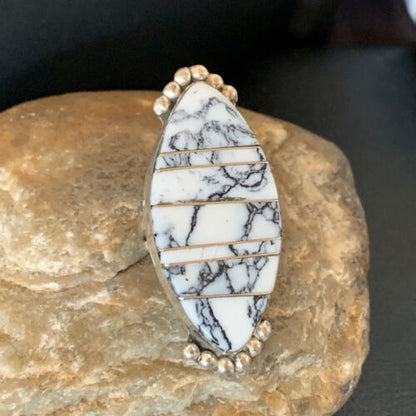 Navajo White Buffalo Turquoise Inlay Ring | Sterling Silver | Sz 6 | Authentic Native American Handmade | 12177