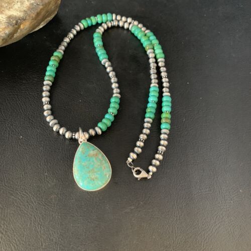 Navajo Pearl Green Royston Turquoise Pendant Necklace | Sterling Silver | 21" | Authentic Native American Handmade | 13911
