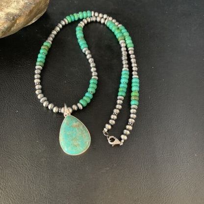 Navajo Pearl Green Royston Turquoise Pendant Necklace | Sterling Silver | 21" | Authentic Native American Handmade | 13911