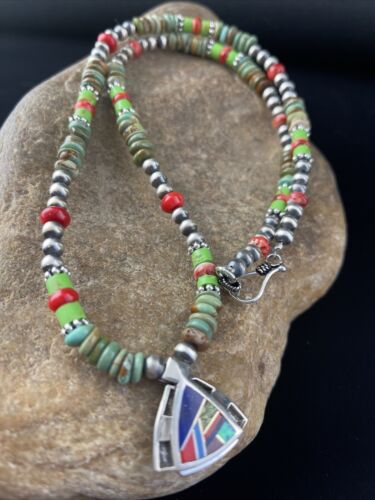 Navajo Turquoise & Spiny Oyster Inlay Pendant Necklace | Sterling Silver | Authentic Native American Handmade | 01622