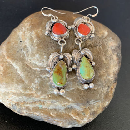Navajo Green Royston Turquoise & Red Coral Dangle Earrings | Sterling Silver | Native American Handmade | 12354
