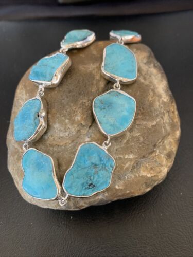 Navajo Blue Kingman Turquoise Rough Pendant Necklace | Sterling Silver | 18" | Authentic Native American Handmade | 11626