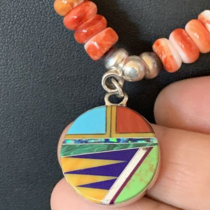 Multi-Color Turquoise & Spiny Oyster Inlay Necklace Pendant | Navajo Sterling Silver | Authentic Native American Handmade | 12721