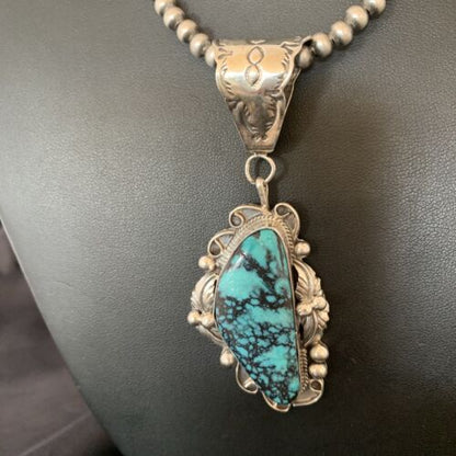Men's Navajo Blue Spiderweb Turquoise Pendant Necklace | Sterling Silver | Authentic Native American Handmade | 10661