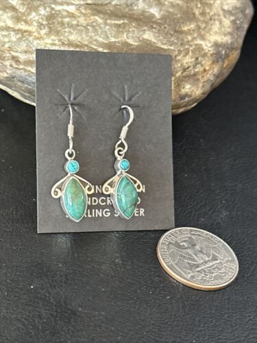 Navajo Blue Turquoise Dangle Earrings | Sterling Silver | 1" | Authentic Native American Handmade | 14773