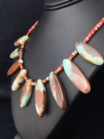 Navajo Green Chrysoprase & Spiny Oyster Necklace | Sterling Silver | 20" | Authentic Native American Handmade | 4284