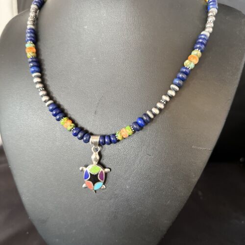 Navajo Green Turquoise and Lapis Inlay Pendant Necklace | Sterling Silver | Authentic Native American Handmade | 14616