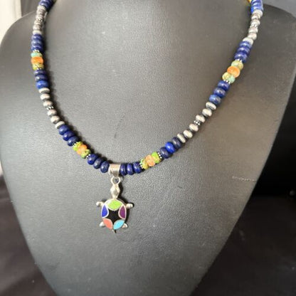Navajo Green Turquoise and Lapis Inlay Pendant Necklace | Sterling Silver | Authentic Native American Handmade | 14616