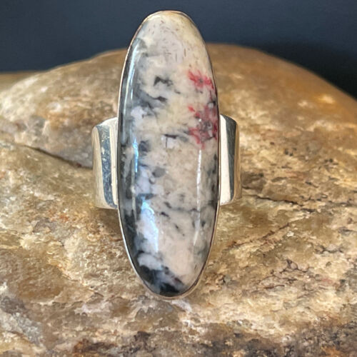 Southwestern Navajo White Black Cinnabrite Ring | Sterling Silver | Sz 7 | Authentic Native American Handmade | 1565