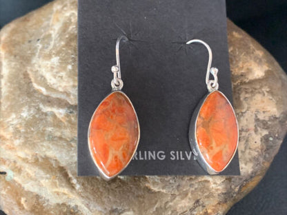 Native American Orange Apple Coral Dangle Drop Earrings | Sterling Silver | 1" | 14096