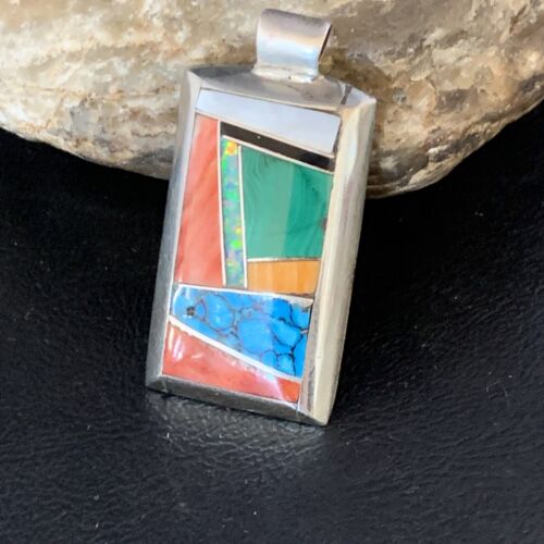 Navajo Turquoise Spiny Opal Multi-Color Inlay Pendant | Sterling Silver | Authentic Native American Handmade | 13722