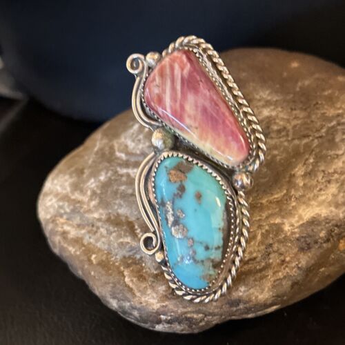 Navajo Turquoise Spiny Oyster Multi-Stone Ring | Authentic Native American Sterling Silver | Sz 10 | 14493