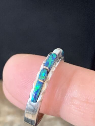 Navajo White Blue Opal Inlay Ring | Sterling Silver | Sz 8.5 | Authentic Native American Handmade | Yazzie | 10620