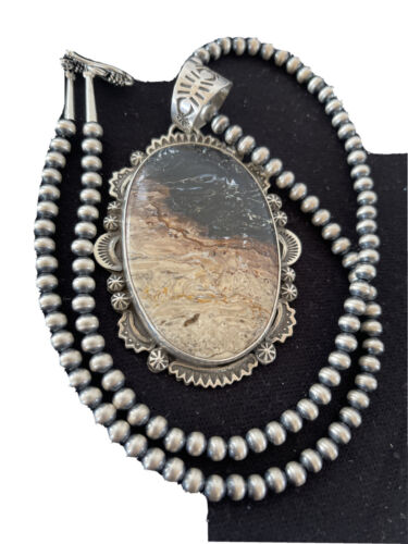 Navajo Pearls Picture Jasper Pendant Necklace | Sterling Silver | Authentic Native American Handmade | 1301