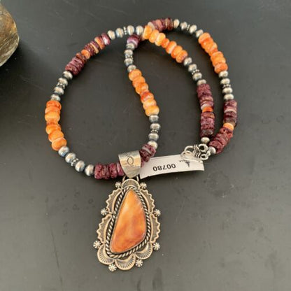 Navajo Sterling Silver Necklace | Orange Purple Spiny Oyster Pendant | 00780