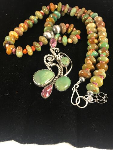 Navajo Green Turquoise & Spiny Oyster Pendant Necklace | Authentic Native American Sterling Silver | Multi-Stone | 8488