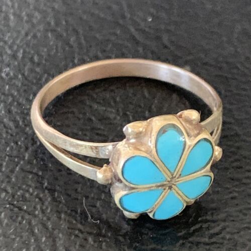 Zuni Blue Turquoise Cluster Ring | Sterling Silver Inlay | Sz 7.5 | Authentic Native American | 12945