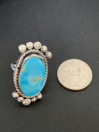 Navajo Blue Kingman Turquoise Ring | Sterling Silver | Sz 7.5 | Authentic Native American Handmade | 13382
