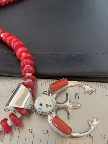 Navajo White Buffalo Turquoise Coral Naja Pendant | Sterling Silver | Authentic Native American Handmade | 10519