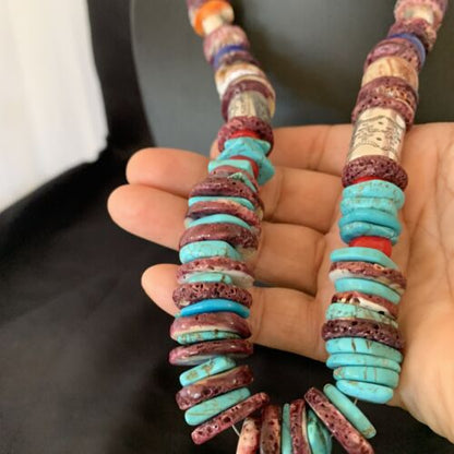 Navajo Sterling Silver Necklace | Turquoise, Spiny Oyster, Coral, Lapis | 24" | Authentic Native American | 10825