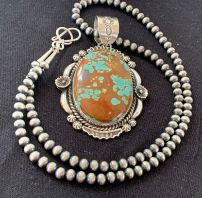Men's Navajo Pearls Necklace Pendant | Sterling Silver | Blue Turquoise #8 | Authentic Native American Handmade | 00527
