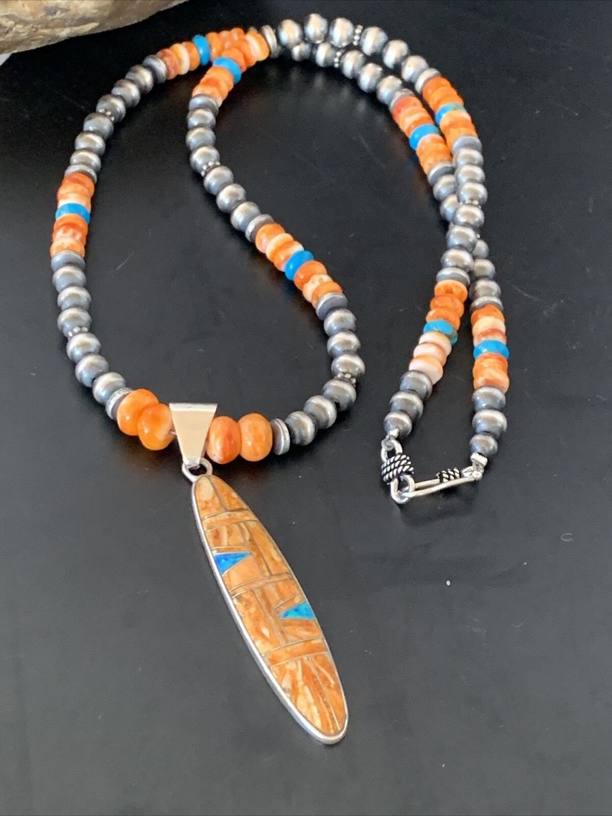 Navajo Pearls Sterling Silver Necklace with Orange Spiny Oyster & Opal Pendant | Authentic Native American | 11384