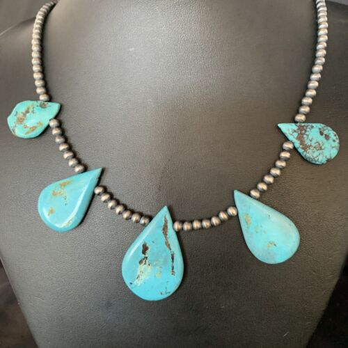 Navajo Teardrop Blue Turquoise Necklace | Sterling Silver Pearls | 20" | Authentic Native American Handmade | 13968