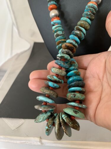 Navajo Natural Blue Turquoise & Spiny Oyster Necklace | Sterling Sliver | Graduated | Authentic Native American | 28" | 330