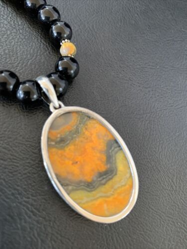 Men's Navajo Pearls Onyx Bumblebee Jasper Pendant Necklace | Sterling Silver | Native American Handmade | 10324