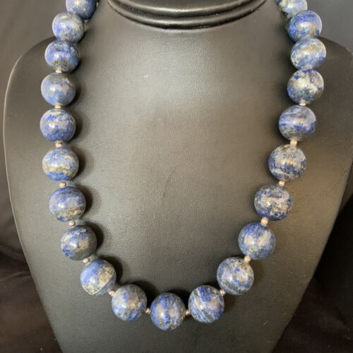 Native Womens 16mm Blue Denim Lapis Beads Sterling Silver Necklace 19” 13970