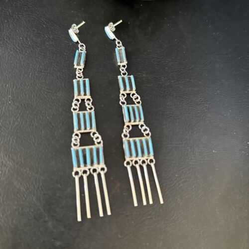 Zuni Kingman Turquoise Needle Point Dangle Earrings | Sterling Silver | Authentic Native American Handmade | 14409