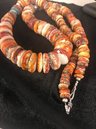Handmade Turquoise & Spiny Oyster Necklace | Navajo Sterling Silver | Authentic Native American | 32"