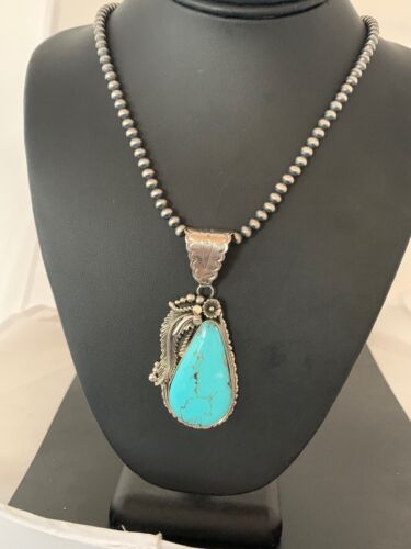 Men's Kingman Turquoise Pendant | Navajo Pearls Sterling Silver Necklace | Authentic Native American Handmade | 4299
