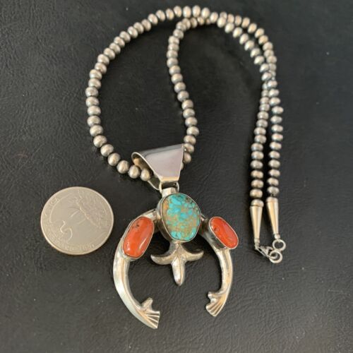 Navajo Pearl Necklace with Royston Turquoise & Coral Naja Pendant | Sterling Silver | 13644