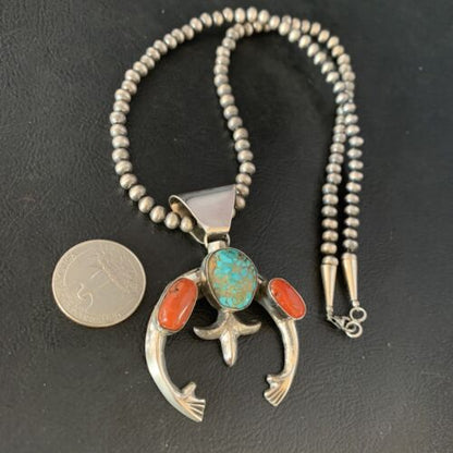 Navajo Pearl Necklace with Royston Turquoise & Coral Naja Pendant | Sterling Silver | 13644