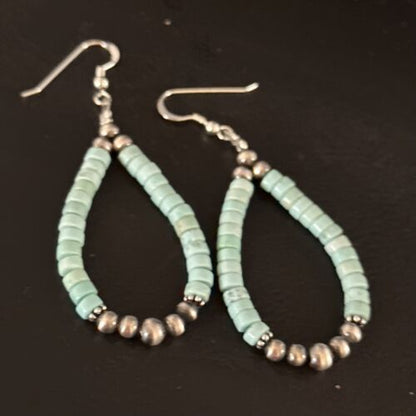 Navajo Blue Turquoise Heishi Dangle Earrings | Sterling Silver | 2" | Authentic Native American Handmade | 14363