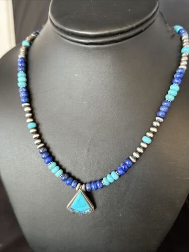 Navajo Blue Turquoise Lapis Inlay Pendant Necklace | Sterling Silver | Authentic Native American Handmade | 14636