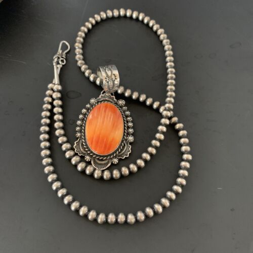 Navajo Pearls Orange Spiny Oyster Necklace Pendant | Sterling Silver | Authentic Native American Handmade | 11301