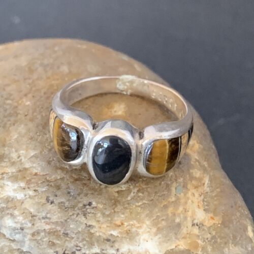 Navajo Black Onyx Coffee Tigers Eye Inlay Ring | Sterling Silver | Sz 8 | Authentic Native American Handmade | 10732