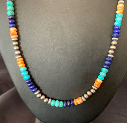 Navajo Blue Lapis Turquoise Orange Spiny Oyster Sterling Necklace 22" | Handmade Jewelry 13363
