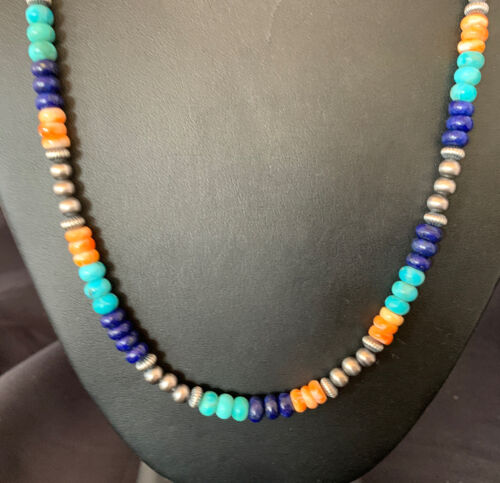 Navajo Blue Lapis Turquoise Orange Spiny Oyster Necklace | Sterling Silver | 22" | 13364 - Masha USA