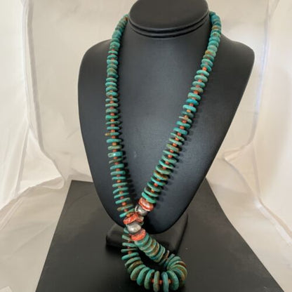 Navajo Necklace | Green Turquoise & Spiny Oyster | Sterling Silver | Authentic Native American | 28" Graduated | 01088