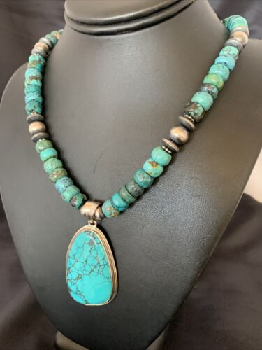 Navajo Pearls Spiderweb Beads Turquoise Necklace Pendant | Sterling Silver | Authentic Native American Handmade | 832