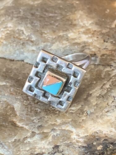 Navajo Blue Turquoise Pink Coral Inlay Ring | Sz 6.5 | Authentic Native American Handmade | 13133 - Masha USA