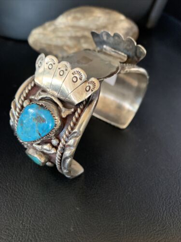 Navajo Men's Watch Cuff Bracelet | Sterling Silver & Blue Kingman Turquoise | Authentic Native American Jewelry | 1635