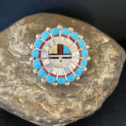 Navajo Zuni Sun Face Ring | Sterling Silver Turquoise Onyx Mother of Pearl Inlay | Sz 8 | 14451