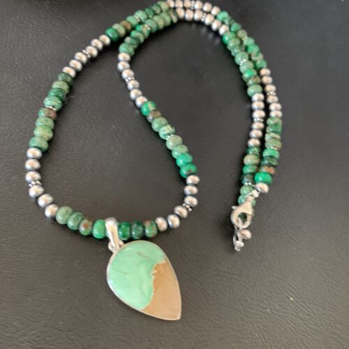 Navajo Green Turquoise Pendant Necklace | Sterling Silver Beads | Authentic Native American Handmade | 13366