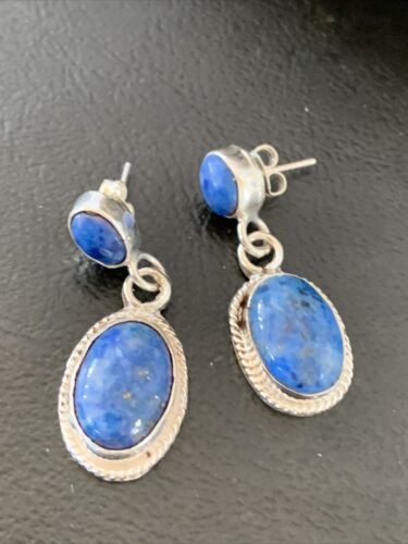 Navajo Denim Lapis Dangle Earrings | Sterling Silver | 1.1" | Authentic Native American Handmade | 1706