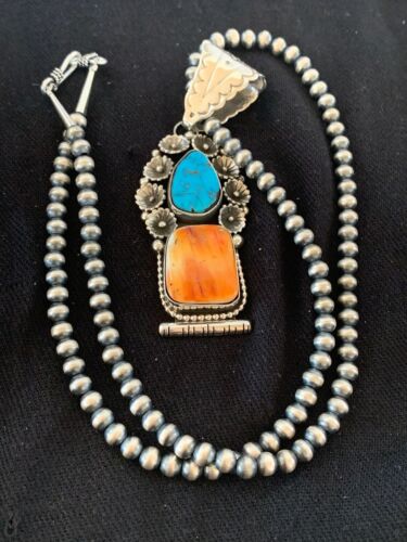 Navajo Kingman Turquoise & Spiny Oyster Pendant Necklace | Sterling Silver | Authentic Native American Handmade | 4575